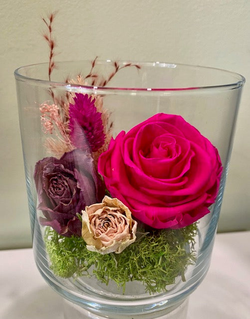 Preserved rose in a cylinder vessel. "Fabulously Fuchsia."