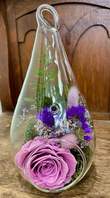 Preserved Pink Rose in Glass Tear Drop. Fall Pink1