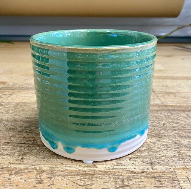 Green/Ivory Ripple Reactive Glaze 4" Pot
