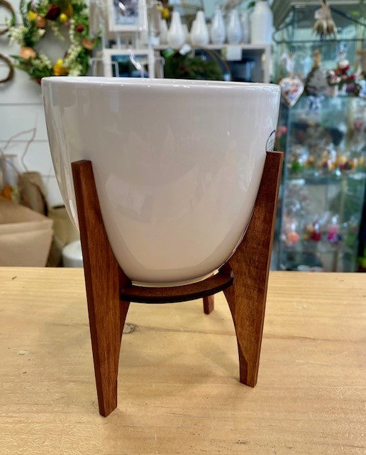White Pot with Wooden Stand