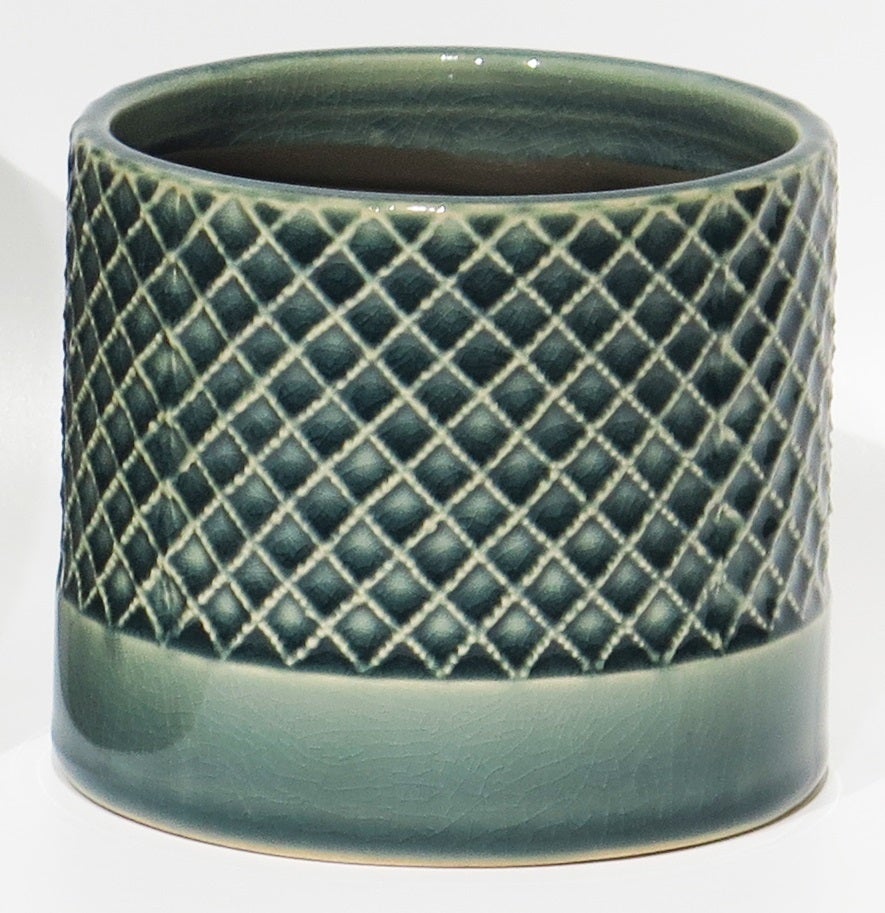 5" Glazed Cache Pot -  Blue Criss Cross