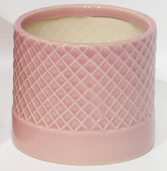 4" Glazed Cache Pot - Pink Criss Cross