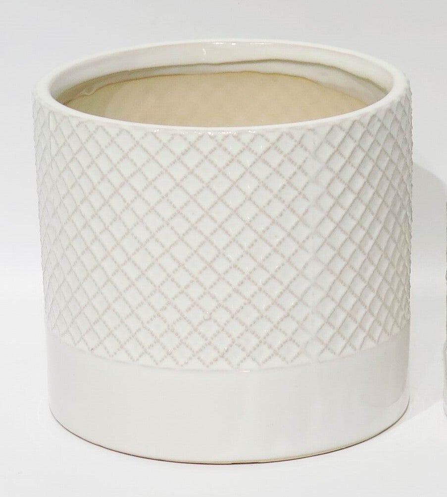 Glazed Cache Pot - White Criss Cross