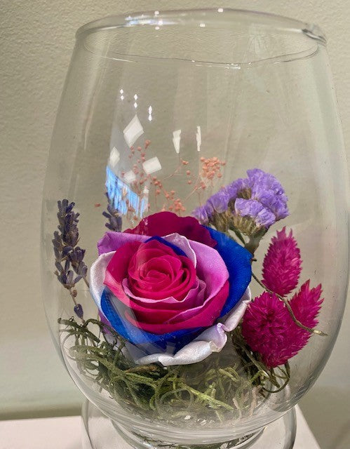 Cool Rainbow Preserved Rose in a Glass Vessel. "Cool Shaded Rainbow."