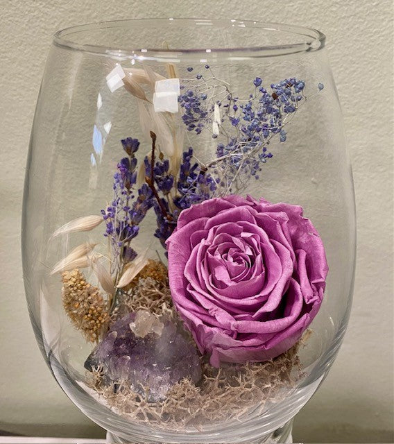 Preserved rose in an egg vessel. "Lavender Dreams."