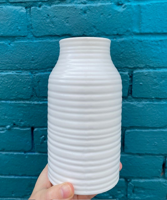 White Ribbed Ceramic Vase