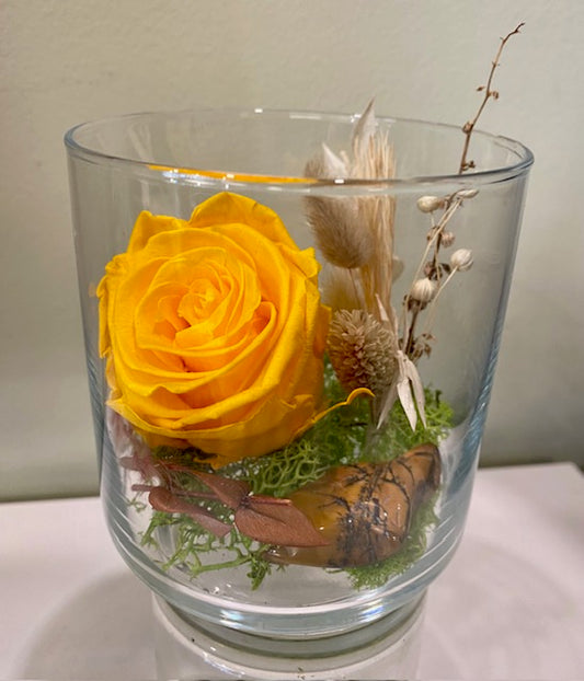 Yellow Preserved rose in a glass cylinder  "You are My Sunshine."