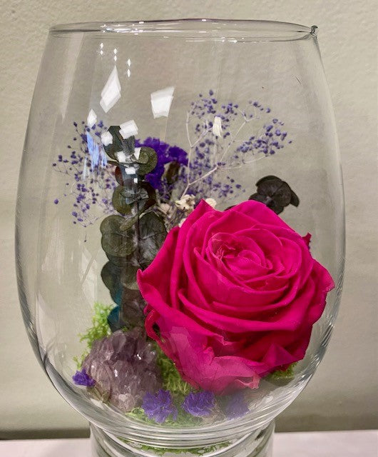Preserved rose in an egg vessel. "Fuchsia Dreams."