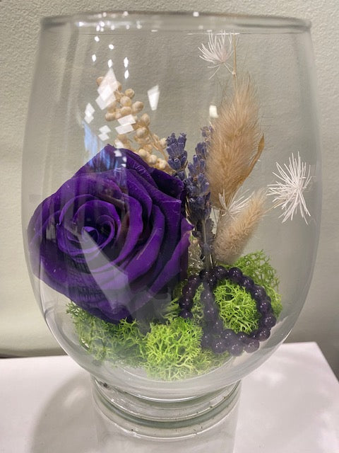 Preserved rose in an egg vessel. "Purple Rain."