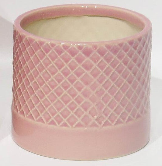 4" Glazed Cache Pot -  Pink Criss Cross